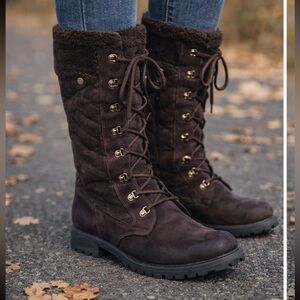 Denver Hayes Women's Brown Lace-Up Tall Boots with Faux Fur Trim